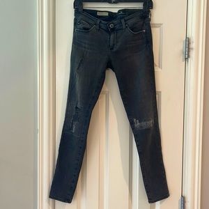 AG Adriano Goldschmied Low rise black patchwork skinny jean. Size 27